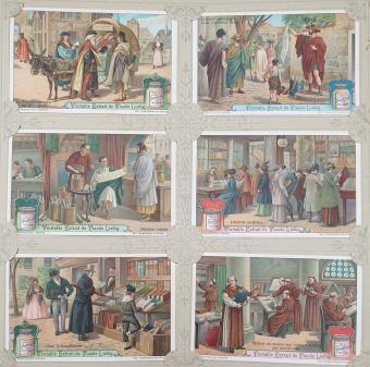 Liebig chromo's series 1047 The Booksellers (1912) - Complete set of six lithographic prints with historical themes such as t