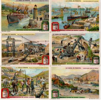 Liebig chromo's serie 1086 Het Panamakanaal (1918) - Complete set van zes lithografische prenten met scènes zoals de ingang v