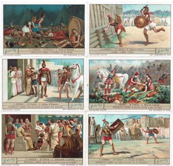 Liebig chromo's serie 1239 De Aeneis Deel 2 (1930) - Complete set van zes lithografische prenten met scènes zoals het gezants