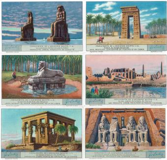 "Liebig chromo's series 1248 Monuments of Ancient Egypt (1931) - Complete set of six lithographic prints featuring iconic Egy