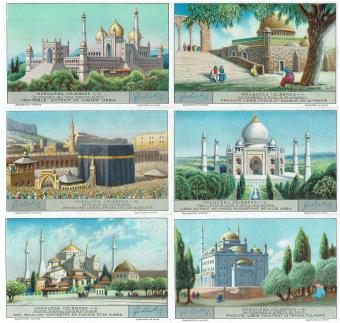 Liebig chromo's series 1250 Famous Mosques (1931) - Complete set of six lithographic prints featuring iconic mosques like the