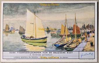 Liebig chromo 1583 – oude visserszeilschepen van de Belgische kust – Vlaamse uitgave – aquarel van historische vissersboten –