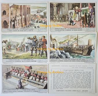 Liebig chromo nr. 1607 Storia d’Italia VI uit 1954 met historische scènes uit middeleeuws Italië