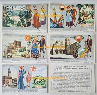 Liebig chromo no. 1609 Tuscany from 1954 with Tuscan monuments and traditional regional costumes