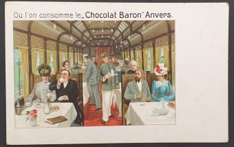Prentkaart 'Op de Trein' van Chocolat Baron - reizen in stijl rond 1920, te vinden op buy-chromos.com.