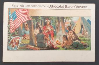 Postcard 'America' from the Chocolat Baron series - Native Americans enjoying hot chocolate around a campfire, available at b