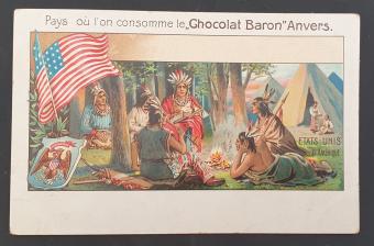 Postcard 'America' from the Chocolat Baron series - Native Americans enjoying hot chocolate around a campfire, available at b