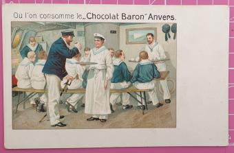 Prentkaart 'Bij de Marine' uit de Chocolat Baron reeks - maritieme kameraadschap rond 1920, beschikbaar op buy-chromos.com.