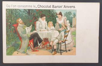 Prentkaart 'Vieruurtje' uit de Chocolat Baron reeks - een gezin geniet samen in de tuin, rond 1920, beschikbaar op buy-chromo