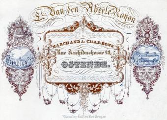 Porseleinkaart van kolenhandelaar L. Van den Abeele-Ronon uit Oostende, gedrukt door Daveluy, met weegschaal en Hermesstaf il