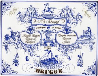 Advertising card from M. Perquy for Antique Dolls, Pipes, and Toys, with copper-colored ink and unique illustrations, availab