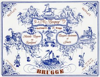 Reclamekaart van M. Perquy voor Antieke Poppen en Speelgoed, versierd met goudkleurige inkt en sierlijke illustraties, beschi