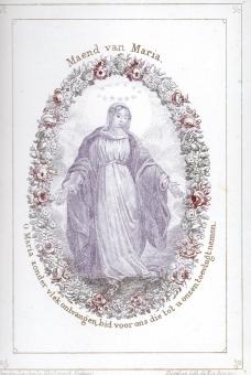 Herdenkingskaart 'Maend van Maria' met Maria omringd door een bloemenguirlande en sterrenkroon, lithografie door Daveluy - be