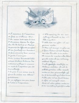 Porseleinkaart van de kunsttentoonstelling en loterij in Brugge 1841, met hoorn des overvloeds en standbeeld van leeuw, door