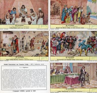 Liebig chromo's Sanguinetti 1725 De Alchemie uit 1960 met Geber, Paracelsus en Cagliostro.