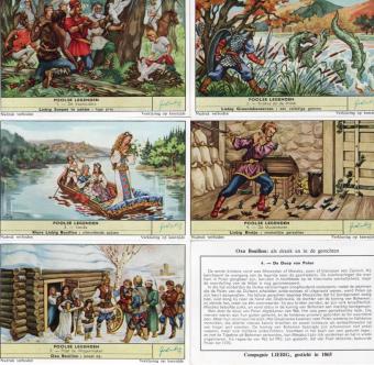Chromos Liebig Sanguinetti 1731 Légendes polonaises de 1960 illustrant Krakus, Wanda, Piast et le baptême de la Pologne.