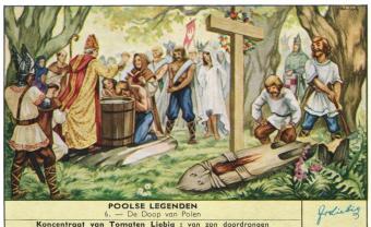 Liebig chromo's Sanguinetti 1731 Poolse legenden uit 1960 met Krakus, Wanda, Piast en de doop van Polen.
