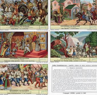 Liebig chromo's Sanguinetti 1743 Geschiedenis van Bulgarije uit 1960 met Simeon de Grote, Ivan Asen II en de Bulgaarse onafha