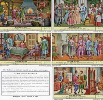 Liebig chromo's Sanguinetti 1736 Quinten Matsys uit 1960 met scènes uit het leven van de Vlaamse renaissanceschilder.