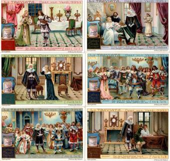 Liebig chromo reeks – Sanguinetti nr. 965 – La Traviata – Verdi – 1909 – Duitse uitgave – met Liebig-potje – vijf kaarten VG+