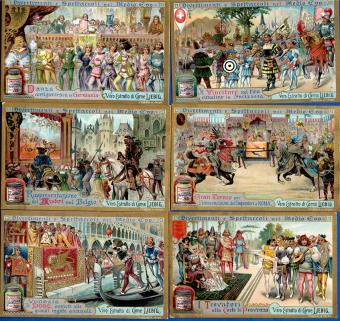 Liebig chromo serie – Sanguinetti nr. 699 – Middeleeuws vermaak – 1902 – met potje en goudrand – goede staat