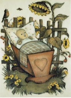 Bertha Hummel postkaart 'Kind in de wieg' - Een vredig slapend kind in een wieg, kenmerkend voor Hummel's artistieke stijl.