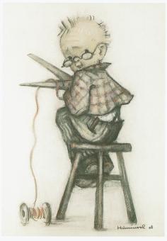 Bertha Hummel postkaart 'Schneiderlein' - Jongetje met bril knipt draad door, kenmerkend voor Hummel's stijl.