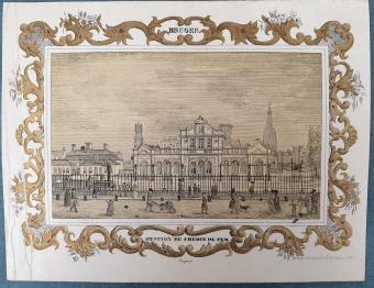 1844 porcelain card of the railway station in Bruges with the Belfry and cathedral in the background, lithography by De Lay-D