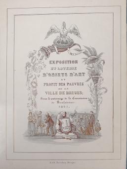 Porcelain card from the 1841 art exhibition and lottery in Bruges, featuring a cornucopia and lion statue, by Isidore van Kin