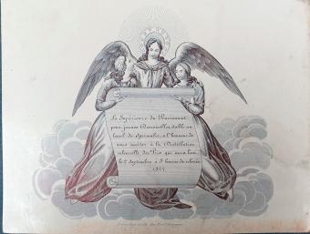 1844 Porseleinkaart uitnodiging door Pensionaat Spermalie, Brugge - engel met jonge dames.