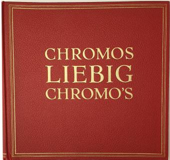 Rood Liebig verzamelalbum met 50 papieren insteekvellen, geschikt voor 300 chromo’s