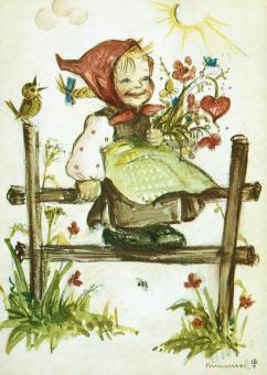  'In de Berglucht' - Lachend meisje op een afrastering met bloemen en een fluitend vogeltje