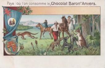Postcard 'Australia' from the Chocolat Baron series - hunters and kangaroos in the Australian wilderness, available at buy-ch