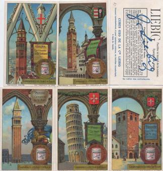 Liebig Sanguinetti 1165 (1925) – Beroemde klokkentorens van Italië, complete reeks van 6 chromo's