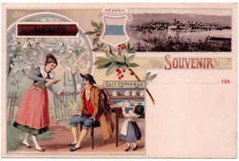 Vintage Suchard postcard depicting a traditional Swiss family scene with 'Lait Condensé', the canton of Zug, and Suchard bran