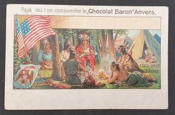 Postcard 'America' from the Chocolat Baron series - Native Americans enjoying hot chocolate around a campfire, available at b