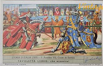 Liebig chromo no. 1660 History of Italy VIII from 1956 featuring notable figures from medieval Italy