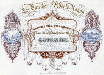 Porseleinkaart van kolenhandelaar L. Van den Abeele-Ronon uit Oostende, gedrukt door Daveluy, met weegschaal en Hermesstaf il