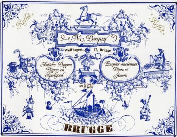 Advertising card from M. Perquy for Antique Dolls, Pipes, and Toys, with copper-colored ink and unique illustrations, availab