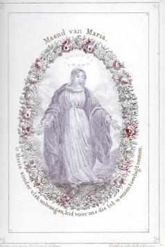 Herdenkingskaart 'Maend van Maria' met Maria omringd door een bloemenguirlande en sterrenkroon, lithografie door Daveluy - be