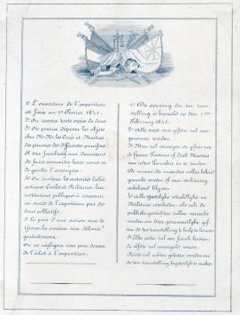 Porseleinkaart van de kunsttentoonstelling en loterij in Brugge 1841, met hoorn des overvloeds en standbeeld van leeuw, door