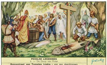 Liebig chromo's Sanguinetti 1731 Poolse legenden uit 1960 met Krakus, Wanda, Piast en de doop van Polen.