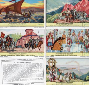 Liebig chromo's Sanguinetti 1745 Geschiedenis van Roemenië uit 1960 met Trajanus, Stephanus de Grote en Roemeense historische