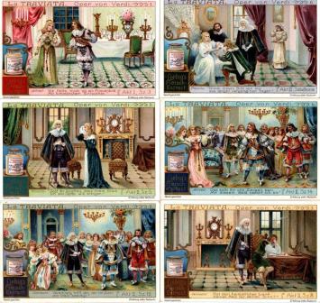 Liebig chromo reeks – Sanguinetti nr. 965 – La Traviata – Verdi – 1909 – Duitse uitgave – met Liebig-potje – vijf kaarten VG+