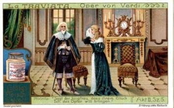Liebig chromo series – Sanguinetti no. 965 – La Traviata – Verdi – 1909 – German edition – with Liebig jar – five cards VG+ t