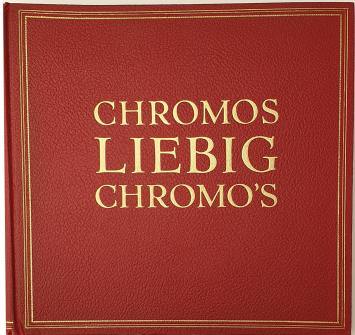 Rood Liebig verzamelalbum met 50 papieren insteekvellen, geschikt voor 300 chromo’s