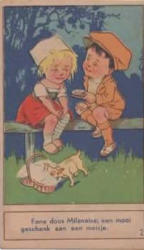 De Milanaise carte 2 – garçon offre un cadeau – publicité vintage shampooing