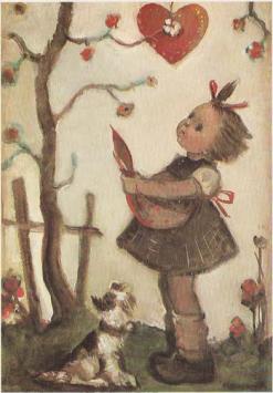Vintage Hummel postkaart Catch My Heart – ars edition nr. 62.1334 – meisje met hart en hondje – zeer goede staat – onbeschrev