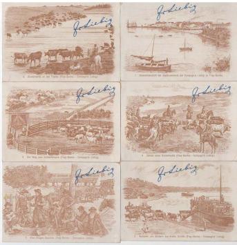 Série de chromos Liebig – Les phénomènes météorologiques, six images illustrant la foudre, la neige, la grêle, la tempête, la